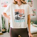  Tanned & Toasty Comfort Colors Crop Top, Coastal Cowgirl Aesthetic – Retro Beach Summer Style, Y2K Beach Graphic T Shirt, Vacation Outfit, Palm Tree Aesthetic, Gift for Her