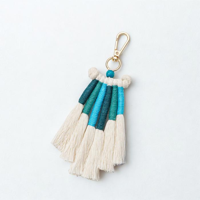 Boho Tassel Keychain, Handwoven Cotton Rope Bag Charm, Blue Macrame Key Ring, Aesthetic Backpack Accessory, Gift for Her