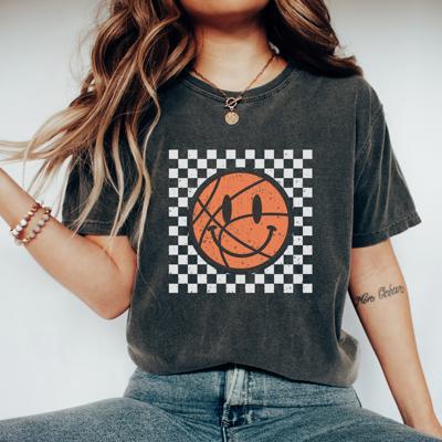 Vintage Basketball Checkerboard Graphic Tee by Comfort Colors – Game Day Shirt, Trendy Retro Sport Top, Oversized Fit, Gift for Her