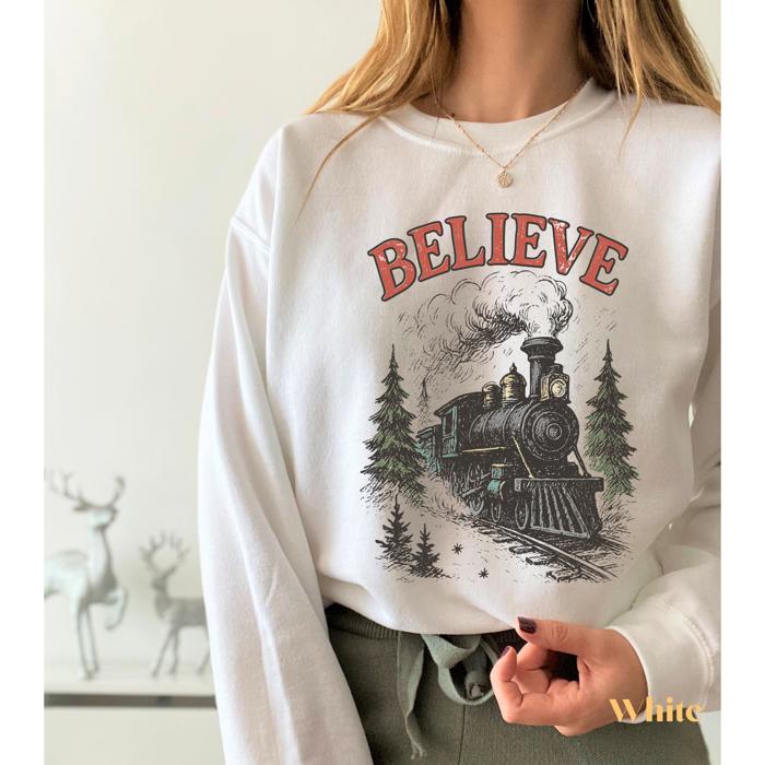 Believe Christmas Train Sweatshirt, Vintage Holiday Crewneck – Polar Express Style Graphic, Cozy Christmas Outfit, Winter Gift for Her