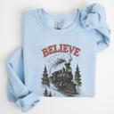 Believe Christmas Train Sweatshirt, Vintage Holiday Crewneck – Polar Express Style Graphic, Cozy Christmas Outfit, Winter Gift for Her