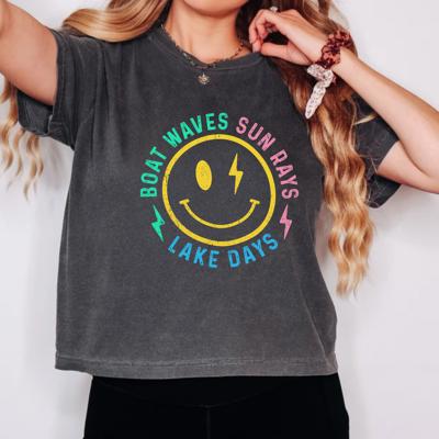 Lake Days Comfort Colors Crop Top, Coastal Cowgirl Aesthetic – Retro Beach Summer Style, Boat Waves Sun Rays Smiley Graphic T Shirt, Vacation Outfit, Gift for Her