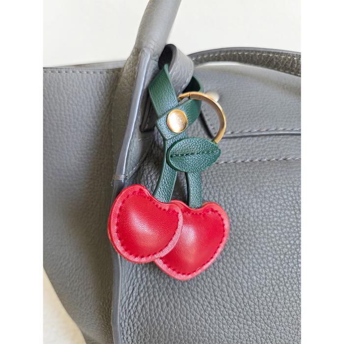Cherry Leather Keychain with Snap Strap, Cute Faux Leather Cherry Bag Charm, Easy Clip-On Purse Accessory, Gift for Women