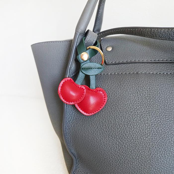 Cherry Leather Keychain with Snap Strap, Cute Faux Leather Cherry Bag Charm, Easy Clip-On Purse Accessory, Gift for Women