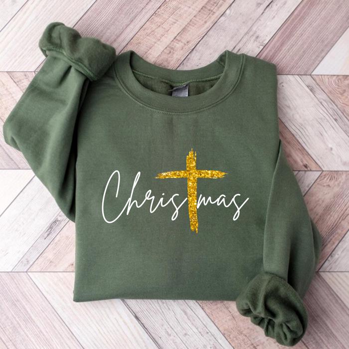 Gold Cross Christmas Sweatshirt, Faith-Based Holiday Crewneck, Christian Faux Glitter Cross Sweater, Elegant Jesus Christmas Shirt, Cozy Winter Top, Gift for Her