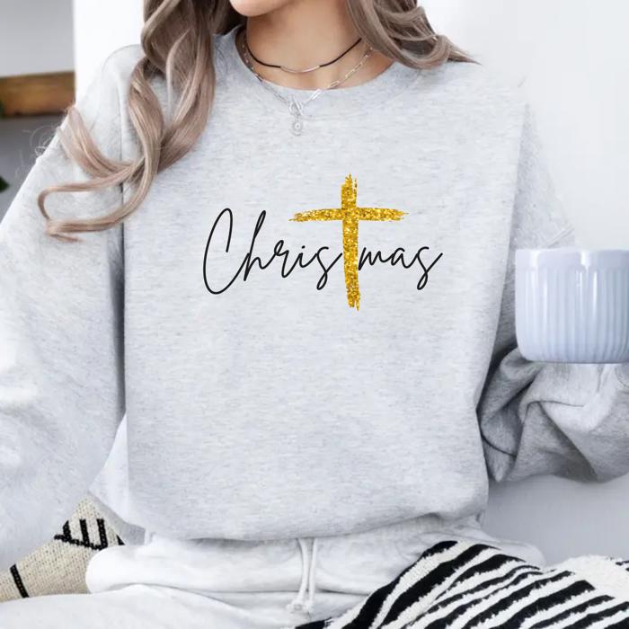 Gold Cross Christmas Sweatshirt, Faith-Based Holiday Crewneck, Christian Faux Glitter Cross Sweater, Elegant Jesus Christmas Shirt, Cozy Winter Top, Gift for Her