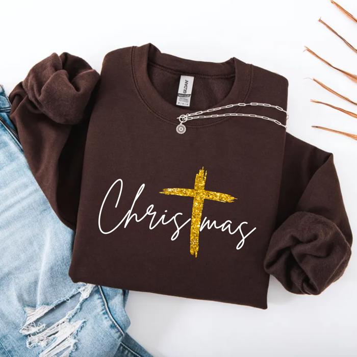 Gold Cross Christmas Sweatshirt, Faith-Based Holiday Crewneck, Christian Faux Glitter Cross Sweater, Elegant Jesus Christmas Shirt, Cozy Winter Top, Gift for Her