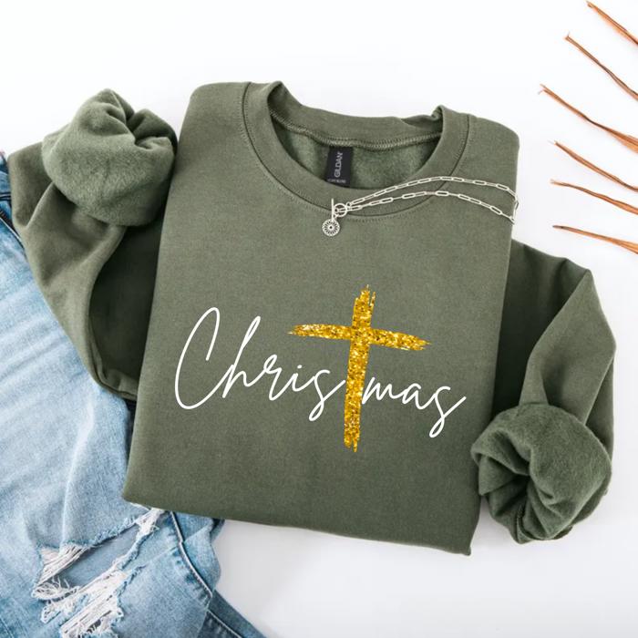 Gold Cross Christmas Sweatshirt, Faith-Based Holiday Crewneck, Christian Faux Glitter Cross Sweater, Elegant Jesus Christmas Shirt, Cozy Winter Top, Gift for Her