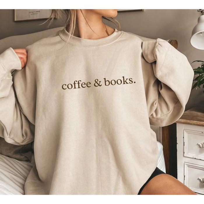 Coffee & Books Sweatshirt, Cozy Fall Crewneck Pullover, Minimalist Reading Lover Sweater – Book Club Outfit, Teacher Gift, Winter Aesthetic