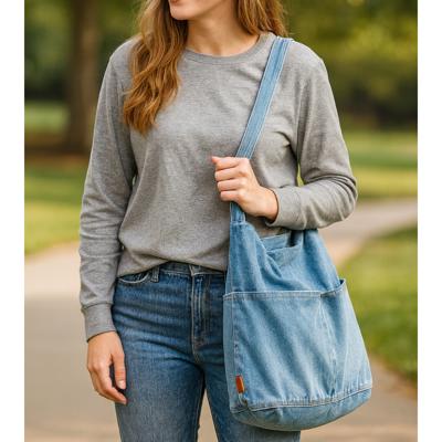 Denim Shoulder Bag, Vintage Jean Tote Purse with Pockets, Casual Crossbody Bag, Everyday Bag