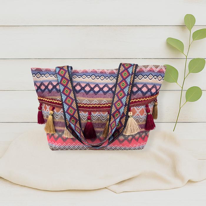 Boho Ethnic Tassel Tote Bag – Colorful Woven Shoulder Purse, Large Festival Beach Bag, Tribal Style Travel Tote, Summer Bag for Women