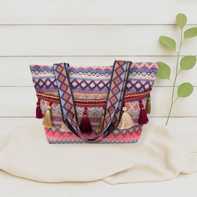 Boho Ethnic Tassel Tote Bag – Colorful Woven Shoulder Purse, Large Festival Beach Bag, Tribal Style Travel Tote, Summer Bag for Women