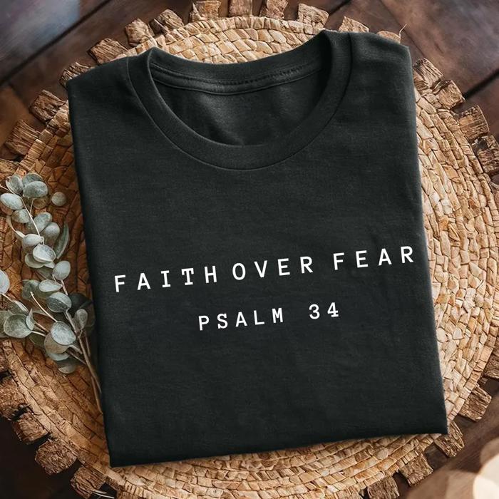 Faith Over Fear Christian Shirt by Comfort Colors – Psalm 34 Graphic Tee, Vintage Bible Verse Shirt, Fall Faith Tee, Gift for Her