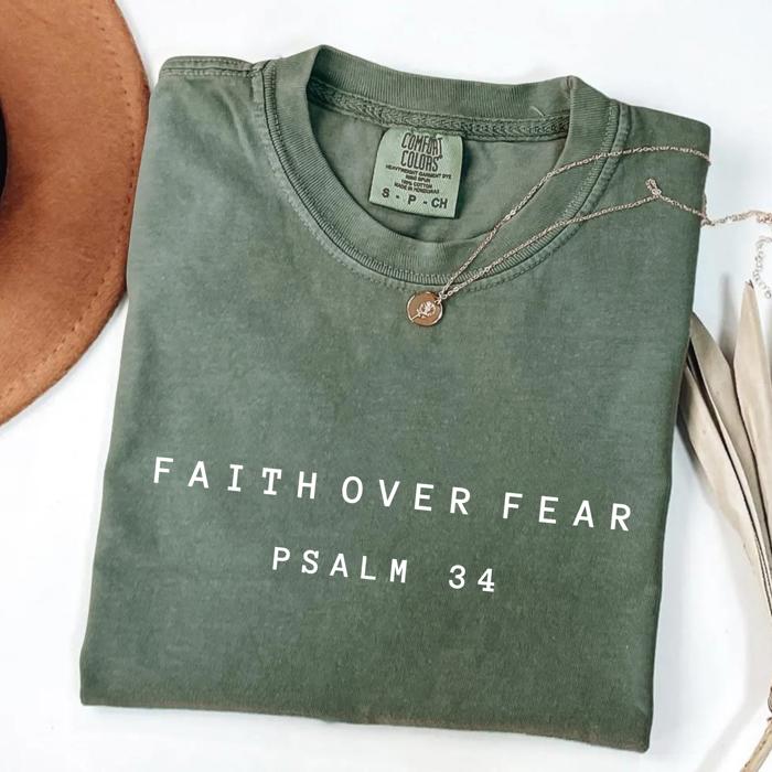Faith Over Fear Christian Shirt by Comfort Colors – Psalm 34 Graphic Tee, Vintage Bible Verse Shirt, Fall Faith Tee, Gift for Her
