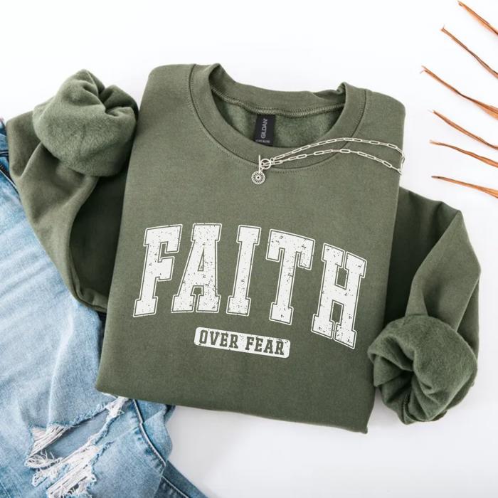 Faith over fear Sweatshirt, Christian Graphic Crewneck Pullover – Faith Quote Sweater, Religious Apparel, Positive Message Top, Gift for Women