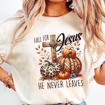 Fall for Jesus Pumpkin Graphic Tee, Christian Fall Shirt with Cross, Faith Based Autumn Top, Leopard Pumpkin Thanksgiving Shirt, Religious Graphic T-Shirt Gift for Women