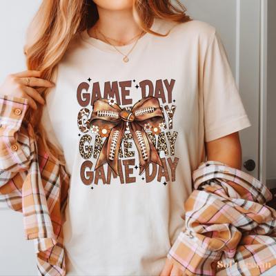 Game Day Football T-Shirt – Brown Bow & Leopard Graphic, Fall Tailgate Tee for Women, Cute Sports Fan Shirt