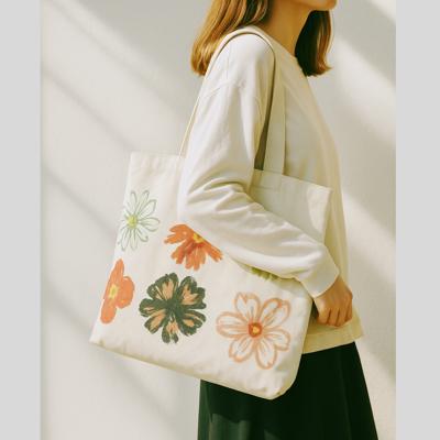 Large Floral Canvas Tote Bag with Zipper, Aesthetic Cotton Shoulder Bag, Floral School Bag, Daily Book Bag for Women, Gift for Her- Natural