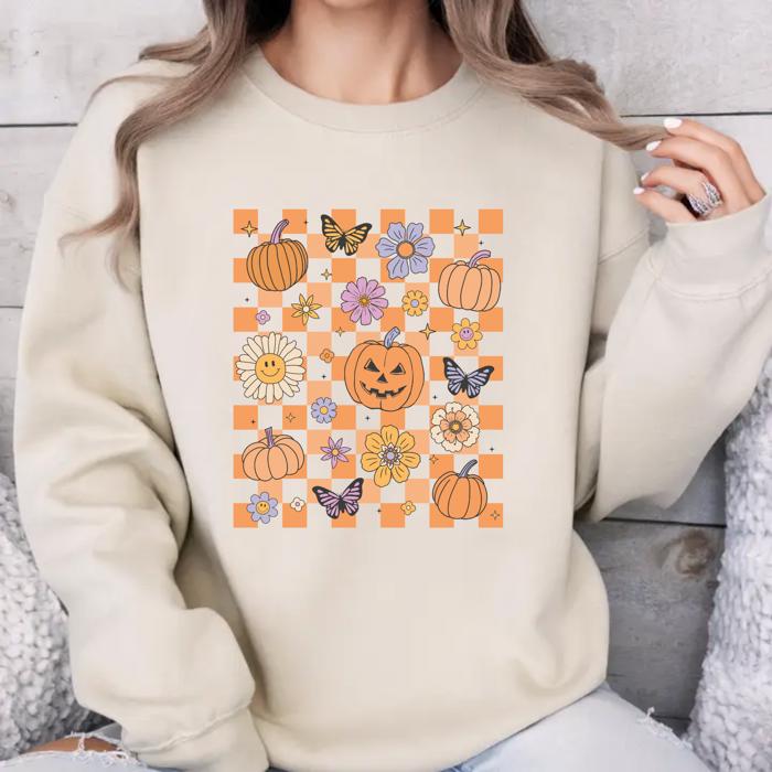 Halloween Checkerboard Pumpkin Sweatshirt, Cute Y2K Spooky Season Pullover – Fall Flowers & Butterfly Graphic, Cozy Autumn Outfit, Gift for Her