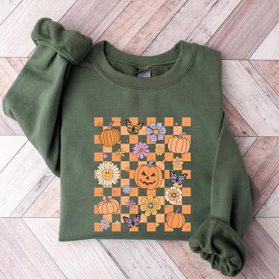 Halloween Checkerboard Pumpkin Sweatshirt, Cute Y2K Spooky Season Pullover – Fall Flowers & Butterfly Graphic, Cozy Autumn Outfit, Gift for Her