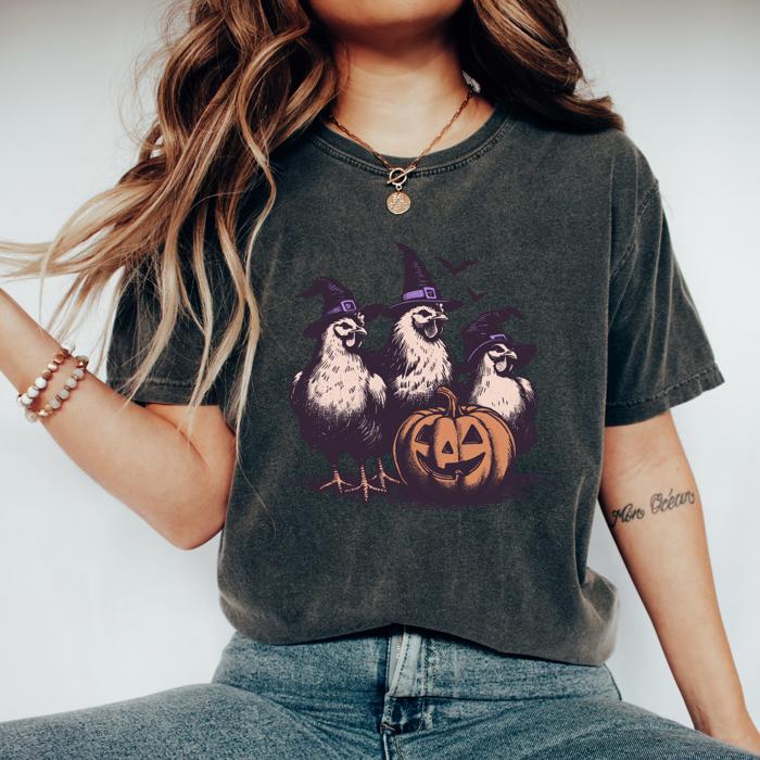 Halloween Chicken Comfort Colors Shirt, Funny Witchy Hen Pumpkin Tee – Spooky Farm Animal Graphic Tee, Teacher Gift, Fall Outfit