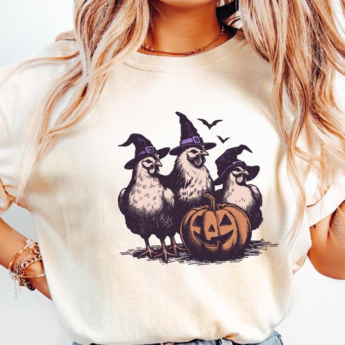 Halloween Chicken Comfort Colors Shirt, Funny Witchy Hen Pumpkin Tee – Spooky Farm Animal Graphic Tee, Teacher Gift, Fall Outfit
