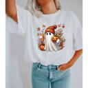  Fall Ghost Pumpkin Graphic Tee – Cozy Halloween Shirt with Autumn Leaves & Coffee, Cute Spooky Season Top, Pumpkin Patch Outfit, Gift for Her