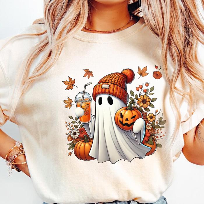 Fall Ghost Pumpkin Graphic Tee – Cozy Halloween Shirt with Autumn Leaves & Coffee, Cute Spooky Season Top, Pumpkin Patch Outfit, Gift for Her