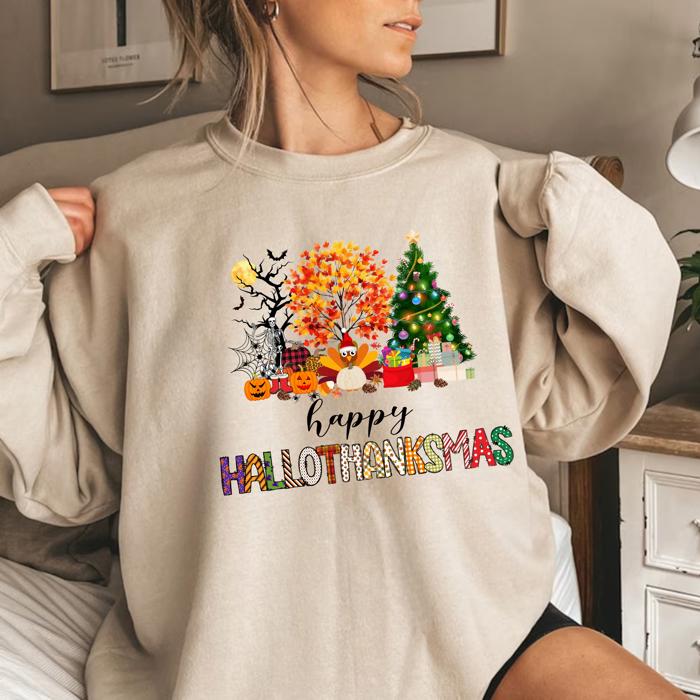 Happy Hallothanksmas Sweatshirt – Fall to Christmas Crewneck, Halloween Thanksgiving Christmas Sweatshirt, Holiday Graphic Pullover, Gift for Her