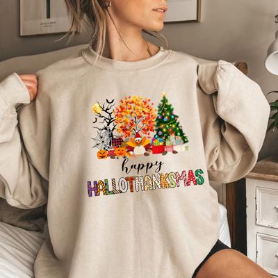 Happy Hallothanksmas Sweatshirt – Fall to Christmas Crewneck, Halloween Thanksgiving Christmas Sweatshirt, Holiday Graphic Pullover, Gift for Her