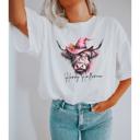  Pink Highland Cow Halloween Graphic Tee – Howdy Halloween Shirt, Fall Western Witch Hat T-Shirt, Country Girl Rodeo Style, Cute Cow Print Top