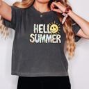  Hello Summer Graphic Comfort Colors Crop Top, Smiley Sun Shirt with Tropical Icons, Cute Summer Vibes Crop Top, Retro Beach Vacation Aesthetic Tee, Gift for Her