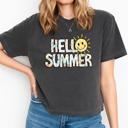 Hello Summer Graphic Comfort Colors Crop Top, Smiley Sun Shirt with Tropical Icons, Cute Summer Vibes Crop Top, Retro Beach Vacation Aesthetic Tee, Gift for Her
