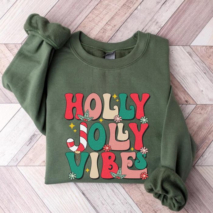 Holly Jolly Vibes Christmas Sweatshirt, Cozy Holiday Crewneck for Women, Vintage Letter Graphic Pullover, Festive Holiday Gift, Winter Outfit