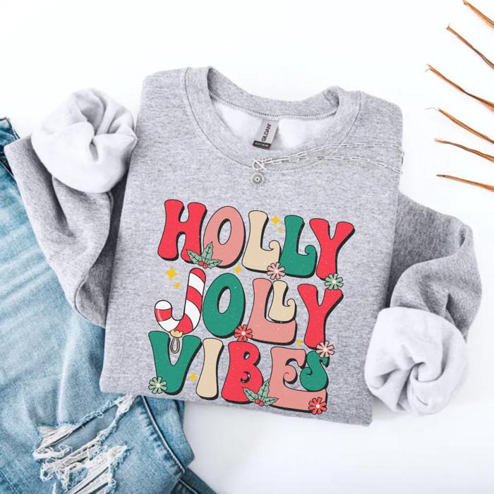 Holly Jolly Vibes Christmas Sweatshirt, Cozy Holiday Crewneck for Women, Vintage Letter Graphic Pullover, Festive Holiday Gift, Winter Outfit