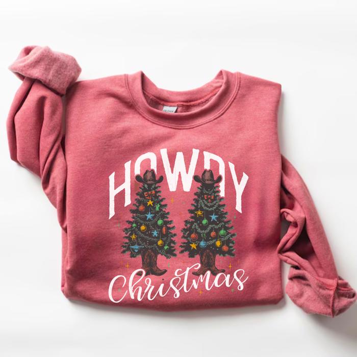 Howdy Christmas Sweatshirt – Western Holiday Crewneck, Cozy Retro Christmas Tree Pullover, Country Cowgirl Christmas Sweater, Gift for Her