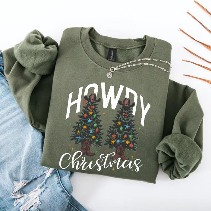 Howdy Christmas Sweatshirt – Western Holiday Crewneck, Cozy Retro Christmas Tree Pullover, Country Cowgirl Christmas Sweater, Gift for Her