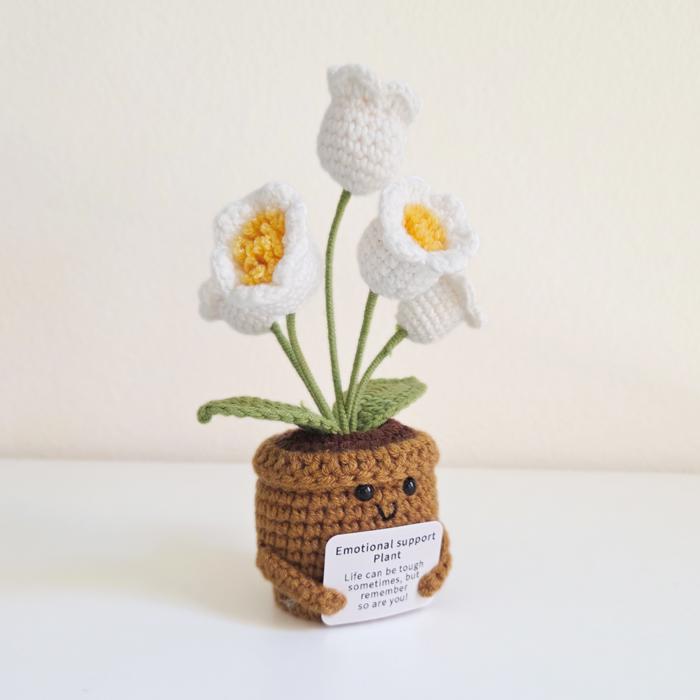 Crochet Flower Hug Pot – Emotional Support Potted Plant with Positive Message, Gift for Mom, Dad, or Teacher, Amigurumi Home Decor
