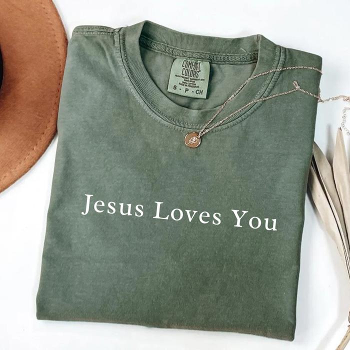 Jesus Loves You Christian Graphic Tee by Comfort Colors, Minimal Faith Shirt, Retro Religious T-Shirt, Bible Verse Tee, Gift for Her
