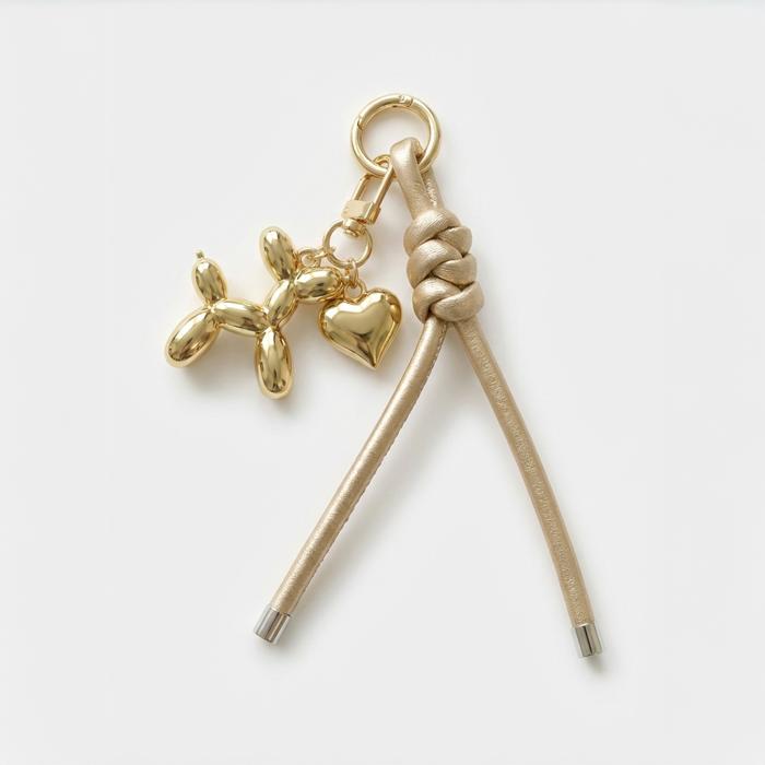 Balloon Dog Bag Charm, Knotted Leather Rope Keychain, Heart / Puppy Purse Accessory