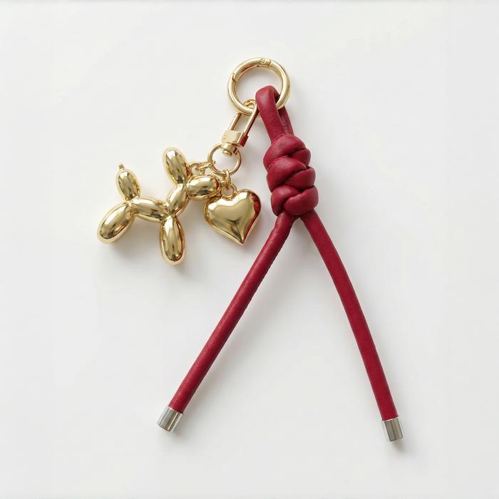 Balloon Dog Bag Charm, Knotted Leather Rope Keychain, Heart / Puppy Purse Accessory
