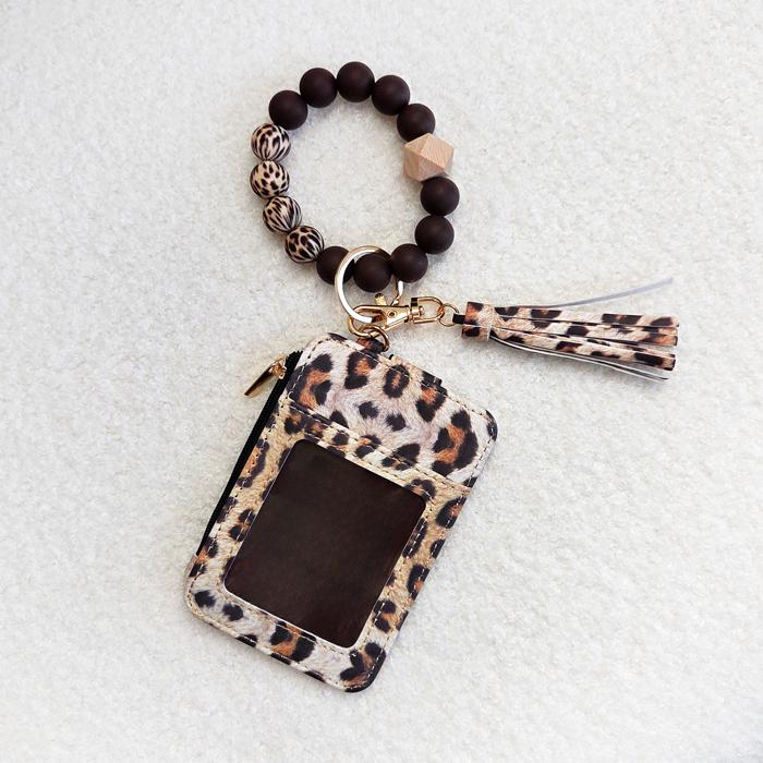 Leopard Print Card Wallet & Keychain Bracelet Set – Boho Silicone Beaded Wristlet with Tassel, Cute Animal Print Coin Purse, Stylish Key Holder Gift for Her
