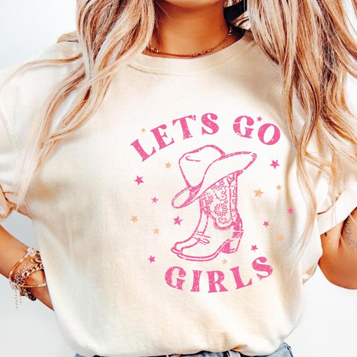 Let’s Go Girls Western Graphic Tee – Country Concert Shirt, Girls Trip & Bachelorette Party Outfit, Pink Cowboy Boots Shirt