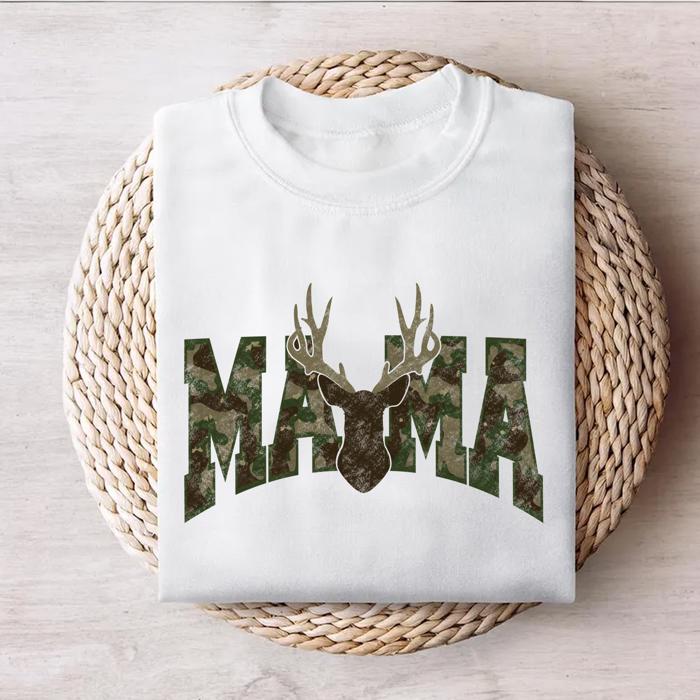 Mama Deer Camo Graphic Sweatshirt, Hunting Mom Pullover, Rustic Country Style, Cozy Fall Top, Outdoor Wildlife Print, Gift for Her