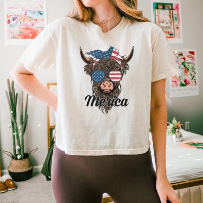 Merica Highland Cow T Shirt by Comfort Colors, Funny Patriotic Graphic T shirt – 4th of July Crop Top, USA Flag Glasses Cowgirl Shirt, Country Summer Outfit, Gift for Her