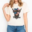  Merica Highland Cow T Shirt by Comfort Colors, Funny Patriotic Graphic T shirt – 4th of July Crop Top, USA Flag Glasses Cowgirl Shirt, Country Summer Outfit, Gift for Her