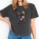  Merica Highland Cow T Shirt by Comfort Colors, Funny Patriotic Graphic T shirt – 4th of July Crop Top, USA Flag Glasses Cowgirl Shirt, Country Summer Outfit, Gift for Her