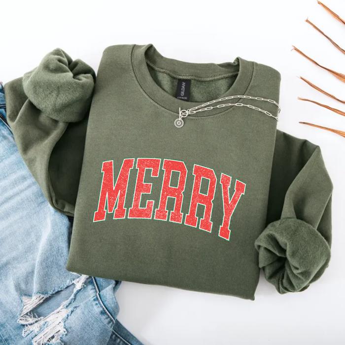 MERRY Christmas Sweatshirt | Cozy Holiday Crewneck | Red Graphic Letter Pullover | Festive Winter Outfit Gift for Her