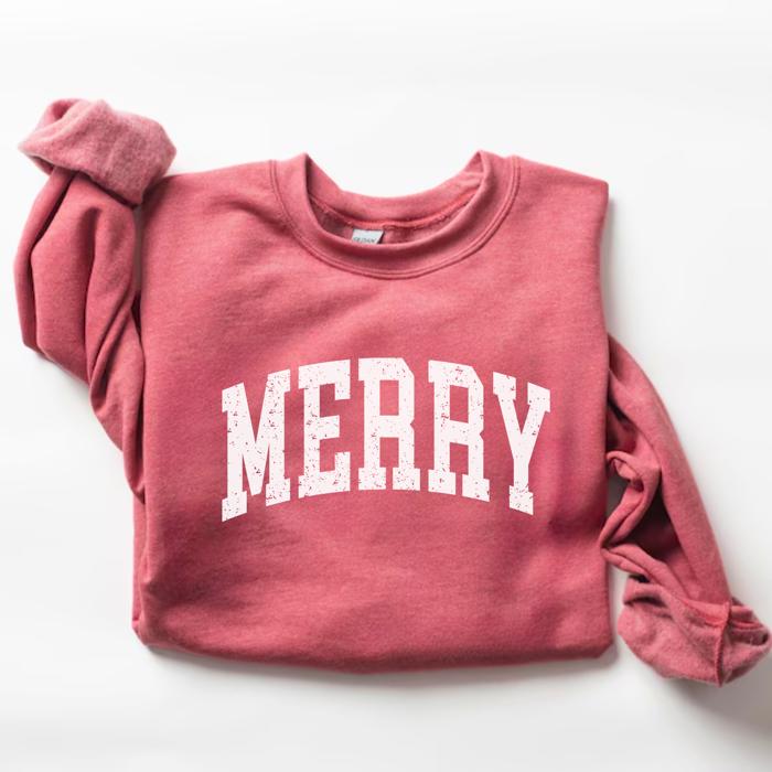 MERRY Red Christmas Graphic Sweatshirt – Cozy Holiday Crewneck for Women, Festive Winter Pullover, Christmas Gift Idea, Holiday Party Outfit