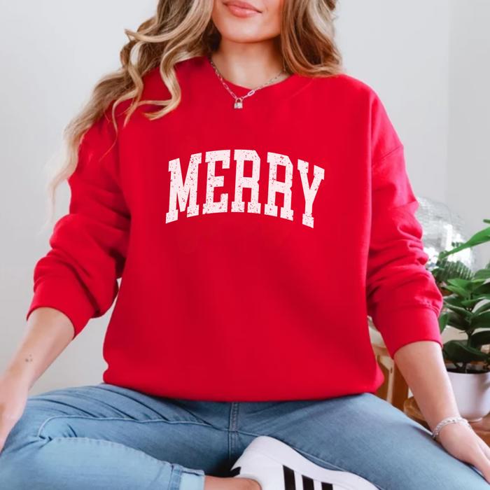 MERRY Red Christmas Graphic Sweatshirt – Cozy Holiday Crewneck for Women, Festive Winter Pullover, Christmas Gift Idea, Holiday Party Outfit